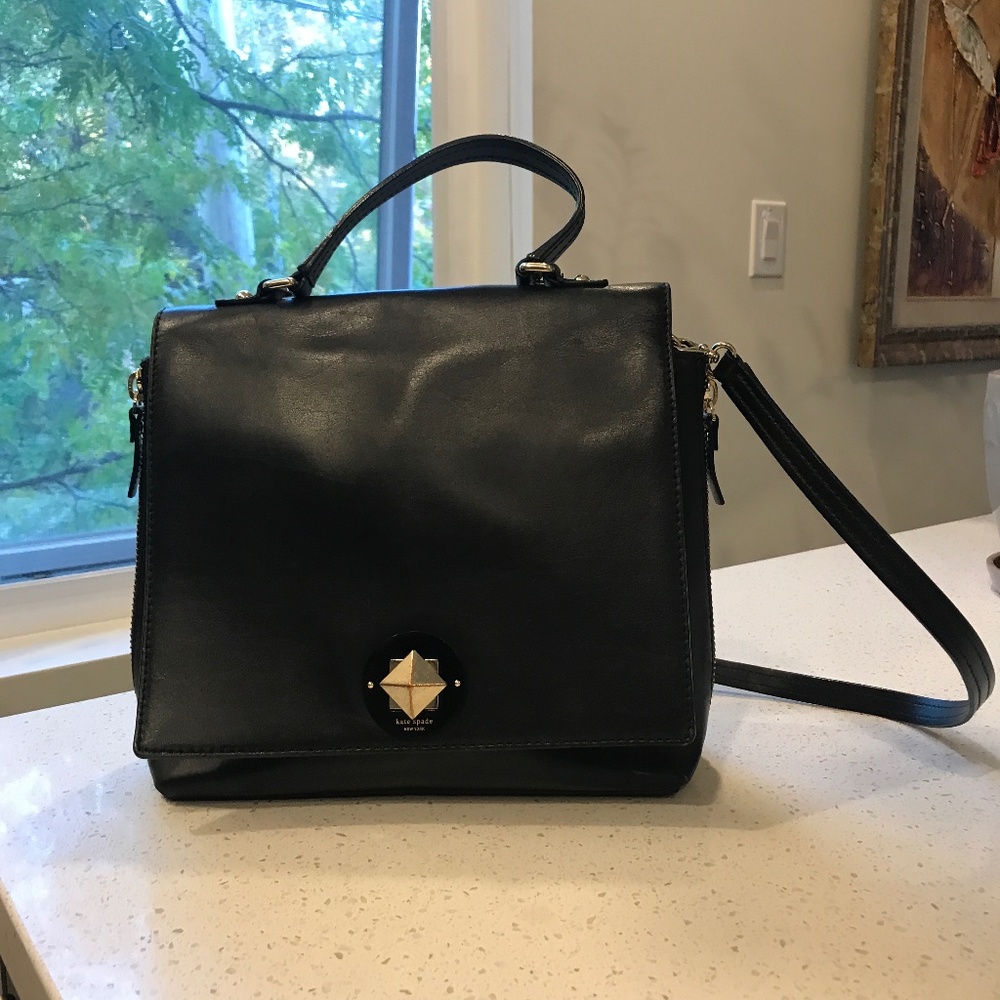 kate spade black leather top-handle satchel with gold-tone clasp